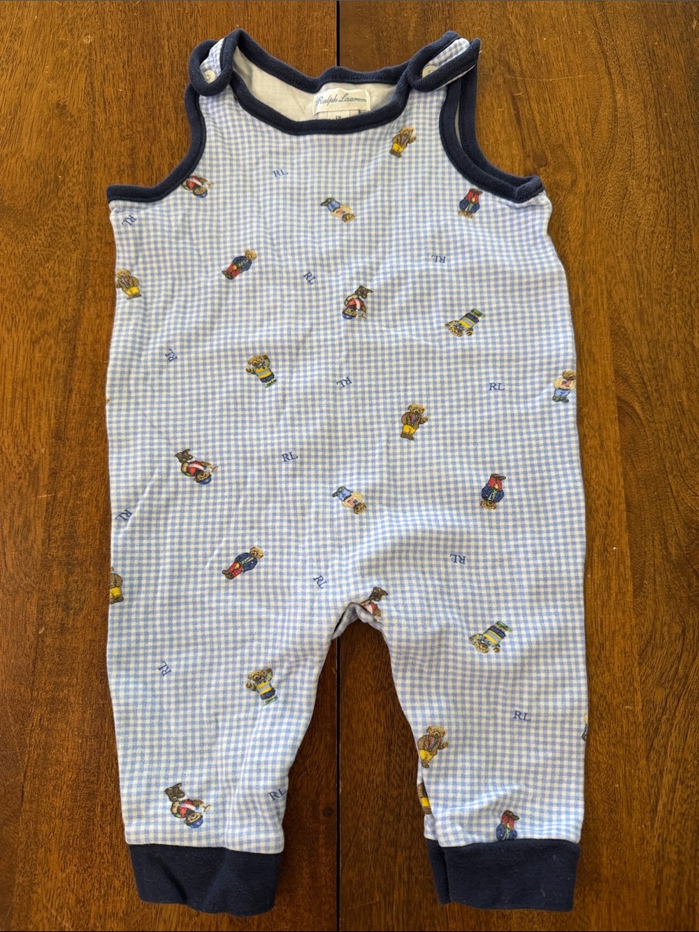 Ralph Lauren Boys 6 month Light Blue Gingham Bear & Toy Print Infant Romper